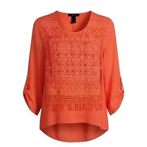 Ali Miles Orange Crochet Lace Overlay High-Low Blouse 1X Roll-Tab Sleeve - IW